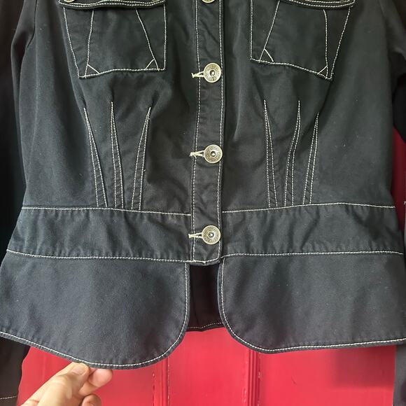 Vintage Faded Glory Size 14 Short Peplum Jean Jacket-Dark Black Wash Utility - Picture 7 of 12